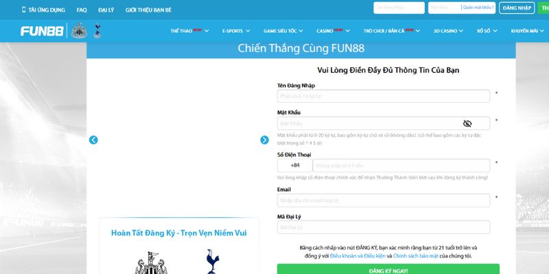 Hình ảnh Đăng ký tài khoản tại fun88 cực kỳ dễ dàng